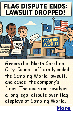 ''Flag flap'' has a long history and ends painfully for the city. The dispute began when Greenville flagged Camping World for allegedly violating an ordinance governing flag displays. The city had pursued fines and legal action over the issue, which escalated into a formal lawsuit, spending more than $25,000 on outside legal fees. By agreeing to a voluntary dismissal, city leaders avoided further litigation costs and aligned local enforcement with a new state law.